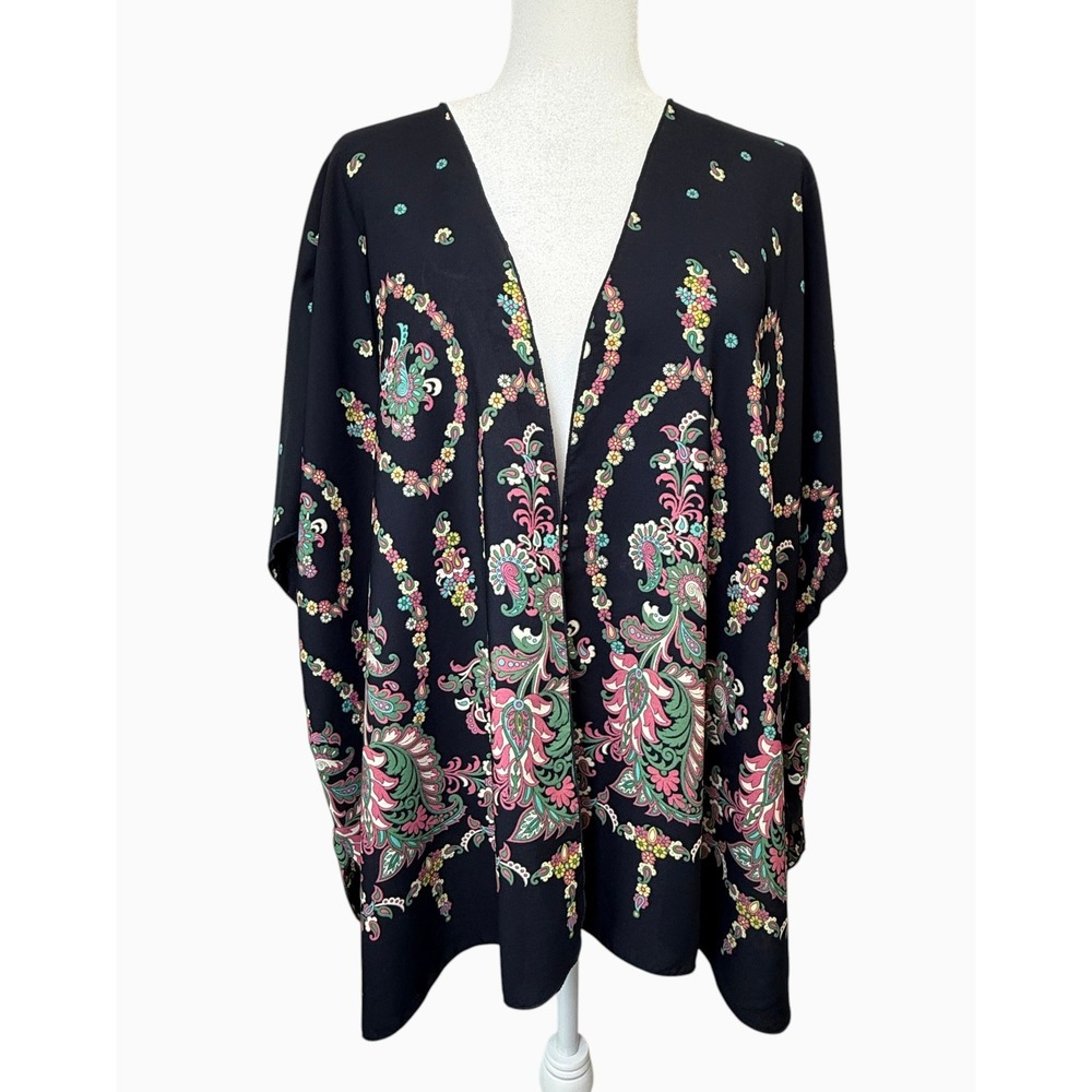 Papermoon Women's Black Paisley Floral Kimono Cardigan Boho Open Front